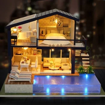 DIY kunyhó idő Apartman Kézzel készített fa villa modell Kreatív születésnapi ajándék