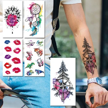 Akvarell fenyőfa ideiglenes tetoválás gyerekeknek Nők ajkak Állat virág Hamis tetoválások matrica Álomfogó Henna Rose nyak Tatoos