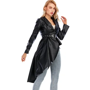 Női divat Szabálytalan tömör felsőruházat Alkalmi dzsekik Punk Lapel Street Gothic PU bőrkabátok 2023 Tavaszi derékszíj Cardigan