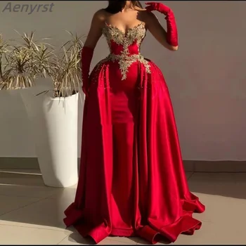 Red Sweetheart sellő esküvői parti ruhák rátétek, szatén hosszú ujjúak, báli ruhák levehető szoknyával Arab estélyi ruhák