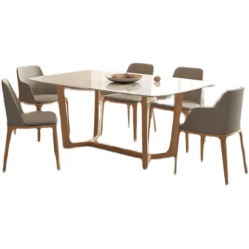 Tömörfa étkezőasztalok és székek készlet Egyszerű kőlap minimalista otthon