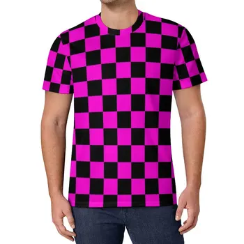 Rózsaszín fekete kockás póló Hiányzó textúra Divat pólók Streetwear póló Nyári rövid ujjú design felső pólók