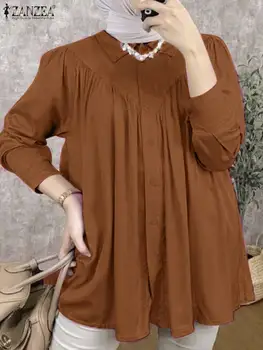 Fashion Solid Dubai Törökország Abaya hidzsáb felsők ZANZEA női vintage hajtóka nyak hosszú ujjú blúz muszlim ing iszlám ruházat