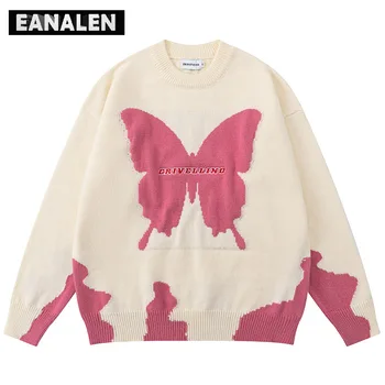 Harajuku Retro rózsaszín pillangó grafikus pulóver női téli pulóver kötött pulóver alkalmi anime ruhák nagypapa csúnya pulóver