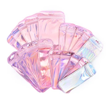 50db irizáló önzáró táskák rózsaszín lézeres műanyag tasakok Visszazárható cipzáras csomagolás ékszerekhez Kijelző kiskereskedelmi táskák