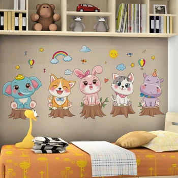 Rajzfilm állatok fali matricák DIY kreatív macska kutya nyúl víziló falfestmények házhoz Gyerekszobák Baba hálószoba dekoráció