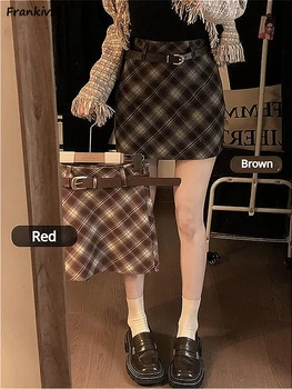 Slim Skirts Women Mini Autumn New Trendy Chic Maillard-stílusú All-match Plaid Vintage A-line Faldas Holiday High Street