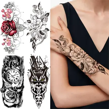 Fekete mamba kígyóvirág ideiglenes tetoválások nőknek Férfi iránytű rózsa hamis tetováló matrica Alkar fél ujjú comb Tatoos