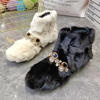 Kristály dekoráció Téli meleg szőrös botinok Mujer Luxus nyérc szőrme hócsizma Vastag talp Platform cipő Csúszásmentes sétáló lakások