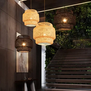 Függő mennyezeti retro függő kávézó lámpák loft Japán stílusú kézzel szőtt bambusz szőtt lámpabúra teaházhoz