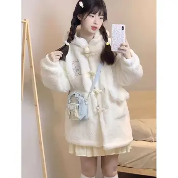 Téli Kawaii hímzett medve gyapjú kabát nők laza japán édes Lolita felsőruházat kabát zsebek meleg aranyos kapucnis pulóverek kabát