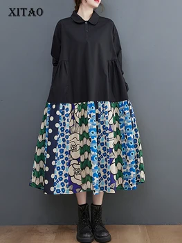 XITAO laza nyomtatás patchwork ingruha alkalmi szabálytalan redők lehajtható gallér női őszi egyszerűség trend ruha DMJ2435