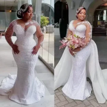 Hot New African Plus-size esküvői menyasszony hal farok kivehető esküvői ruha hímzés gyöngy kiváló minőségű