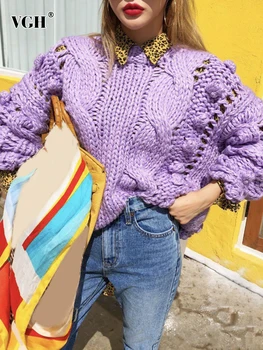 VGH Tömör kötött pulóverek nőknek Kerek nyakú hosszú ujjú pulóver Laza alkalmi pulóver Női divat téli stílusú ruházat