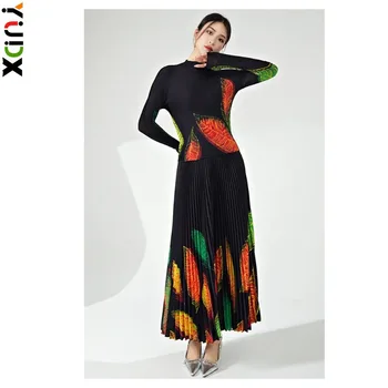 YUDX Miyake divatszett női rakott kétrészes fekete csúcsminőségű nyomtatott slim fit póló felső sokoldalú félszoknya rugó