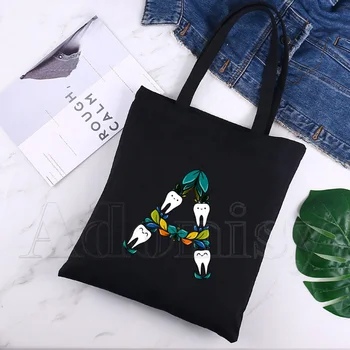 Fog- és fogorvosi női kézitáskák Szövet vászon táska Fekete bevásárló utazási nők Eco újrafelhasználható váll Vásárlói táskák