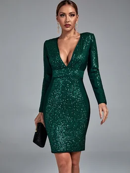 Flitteres zöld pólyás ruha női hosszú ujjú bodycon ruha esti party elegáns szexi midi klub ruhák 2022 őszi tél