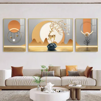 3 Panel Fény Luxus Arany Szarvas Vászon Festés Absztrakt Feng Shui Kő poszterek Nyomatok a nappalihoz Fali dekoráció Nincs keret