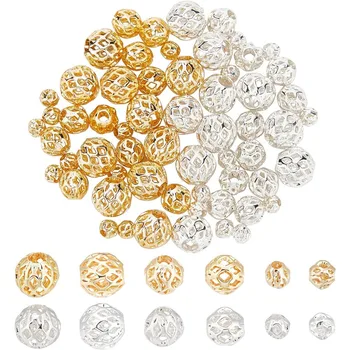 3Méretek Valódi 18K arany ezüstözött üreges gyöngyök 60db kerek filigrán gyöngyök sárgaréz fém távtartó gyöngyök DIY ékszerkészítéshez