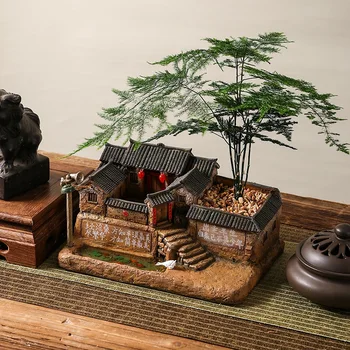 Virágcserép Gyanta Retro Kreatív Bonsai Régi ház Mikro táj Bonsai dekoráció Spárga Páfrány Növénymedence Új kínai stílus