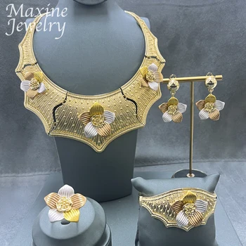 18K aranyozott ékszerkészlet nőknek Divatos virág arany nyaklánc fülbevaló karkötő gyűrű Luxus Party Afrikai esküvői ajándékok