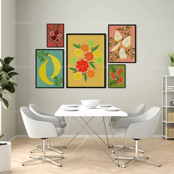 Gyümölcsnyomatos művészeti plakát, színes gyümölcsművészeti plakát, banán, körte, görögdinnye, pop art gyümölcs dekoráció konyhai vászon vászon ajándék