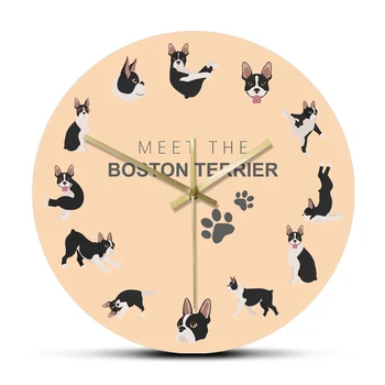 Boston Terrier Kutya egészséges, lekerekített akril falióra Bukszus Kiskutya jóga Pózok Órák Fali dekoráció Modern design Boston Bika