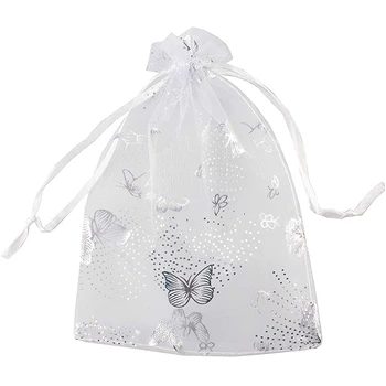 100Pcs 9X12cm pillangó organza ékszer ajándék tasak cukorka tasak húzózsinór esküvői szívesség táskák