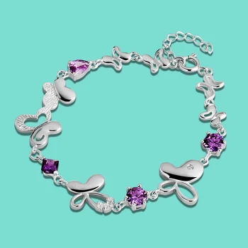 Classic női 925 sterling ezüst karkötő édes fényes lila cirkon kristály intarziás pillangó karkötő22CM ékszer születésnapi ajándék