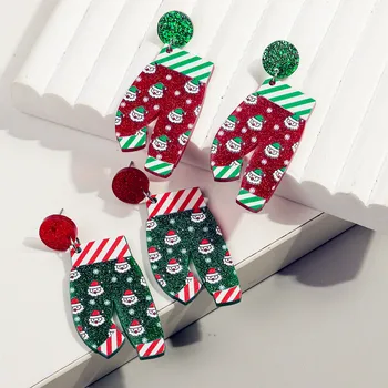 Karácsonyi rajzfilm Mikulás nadrág akril fülbevaló nőknek Új csillogás Piros zöld gyapjú nadrág csepp fülbevaló karácsonyi ékszer ajándék