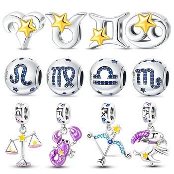 925 sterling ezüst 3 féle tizenkét féle Zodiac Charm sorozatú gyöngy az eredeti Pandora 925 karkötőhöz DIY készítés női ékszer ajándékok