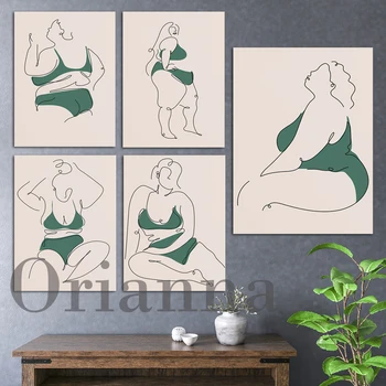 Zsálya zöld test pozitív női testvonal kanyargós bikini Feminista fali grafika Plakátok otthoni nappali hálószoba dekoráció festés