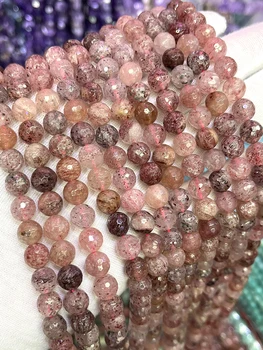 Természetes eper kristálykő szakaszok gyöngyök kerek laza távtartó gyöngyök DIY női kézműves karkötő kiegészítők 15'' 8mm