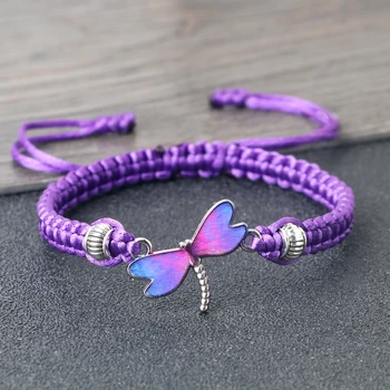 Női elegáns lila szitakötő medál fonott karkötő kézzel készített állítható menetkarkötő lánc Pulsera ékszer ajándék barátnak