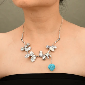 G-G természetes szürke Keshi gyöngy nyaklánc kék türkiz virág medál 925 ezüstözött csatlakozó Chian nyaklánc hölgynek