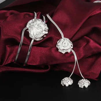 Forró elegáns Nők 925 Sterling Ezüst romantikus rózsavirág nyakláncok karperecek kiváló minőségű ékszerkészlet divat Party esküvői ajándék