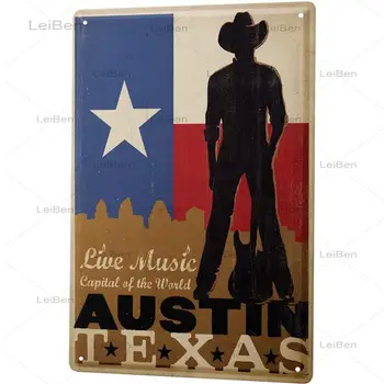 Retro Metal Ón jel Élő zene Austin Texas Cowboy gitár Fém plakett Vaslemez dekoráció Zene Bár Shop Étterem 20X30Cm