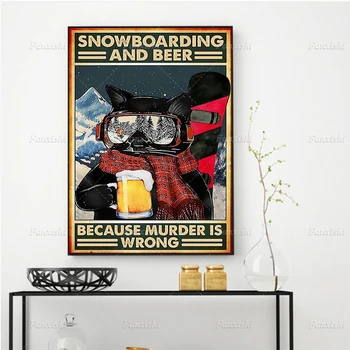 Snowboardozás és sör Plakátok és nyomatok Retro macska fali művészeti vászon hd moduláris képek a nappalihoz Lakberendezés festés ajándék