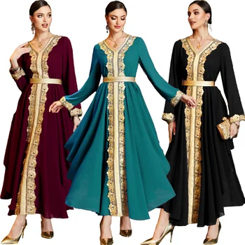Marokkó Kaftan Caftan Muslin Dubai Törökország Abaya V-nyakú kétrétegű sifon szabálytalan ruha csipkével Csipke női ruházat
