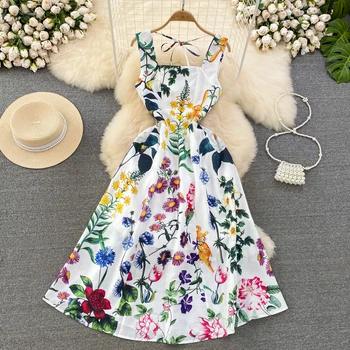 Bohém nyári nők ruha kifutópálya divat spagetti szíj színes virágmintás ujjatlan luxus midi party Camisole N9018