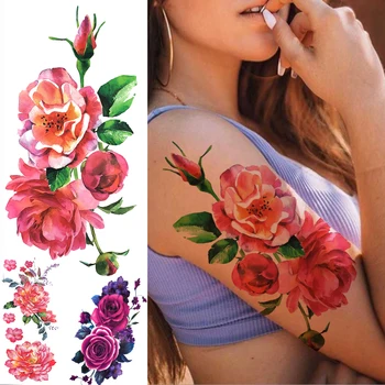 Akvarell bazsarózsa ideiglenes tetoválások nőknek Férfiak Gyerekek Valósághű rózsa Dália Nárcisz hamis tetoválás matrica Láb kar Mosható Tatoo