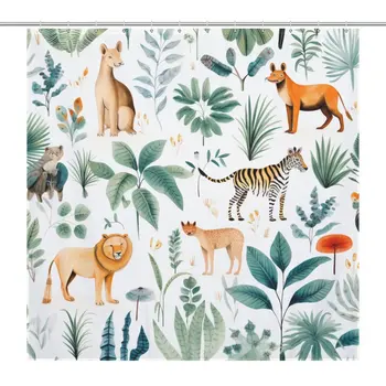 Zsiráf állat dzsungel zuhanyfüggöny, trópusi esőerdő design, vízálló fürdőszobadekoráció, 183x183cm, 12db horoggal kész