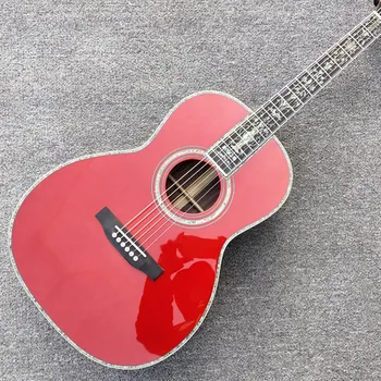 2021 Új ooo modell piros akusztikus gitár, gyári egyedi, 39 hüvelyk, valódi abalone betétes gitárra, ébenfa ujjtábla, ingyenes szállítás