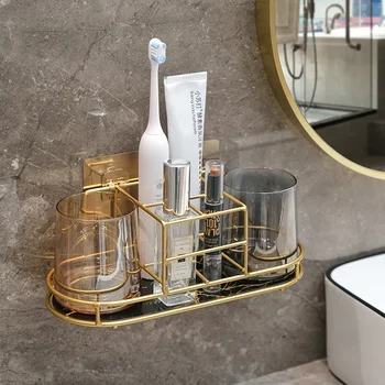 Falra szerelhető fürdőszobai tároló állvány szájvíz csészékhez Fogkefék Fogkrém Luxus fürdőszobai polc fúrás nélkül