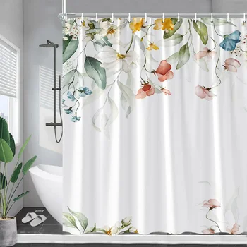 Virágos zuhanyfüggönyök Akvarell virágok Zöld levelek Növények fürdőfüggöny Modern minimalista szövet Fürdőszoba dekoráció horgokkal