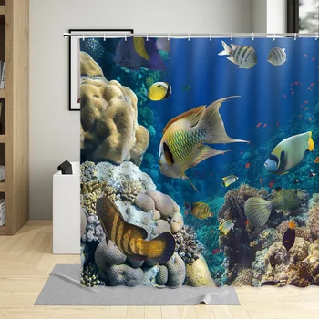 Csodálatos víz alatti tengerfenéki állatok Halak zuhanyfüggöny Trópusi halak Korall Gyermek függönyök Fürdőszoba Háztartási dekorációs kendő
