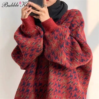 BubbleKiss őszi téli vintage női pulóver divat O-nyak mintás pulóver felső hosszú ujjú Anglia stílusú ruházat