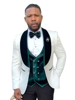 Jelmez Homme zöld bársony mellény fehér mintás férfi öltöny esküvői vőlegény szmocsár Terno Masculino Slim Fit Prom Blazer 3 részes