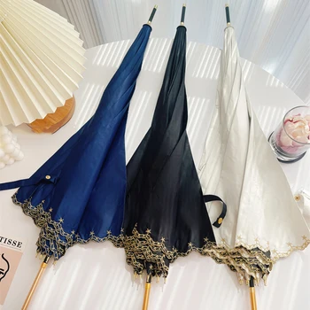 Luxus dizájner Hordozható esernyők Női hímzés Csipke Napernyő Női hosszú fogantyú Guarda Chuva Invertido esőfelszerelés