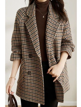 Új vintage Houndstooth Women gyapjú blézer dupla mellű kockás női öltönykabát divat koreai felsőruházat laza blaser kabát